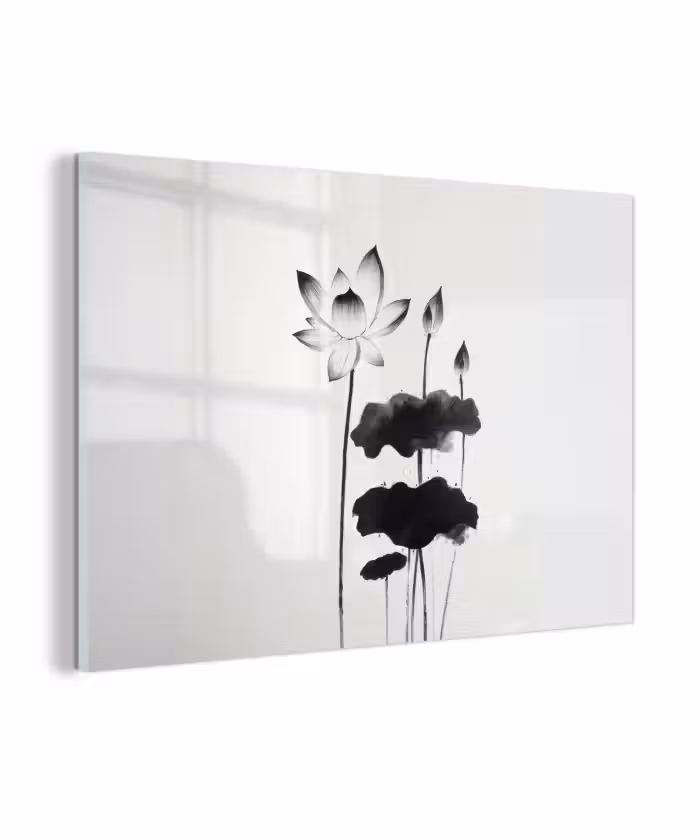 Glasbild - Blätter - Schwarz - Lotusblume - Minimalistisch