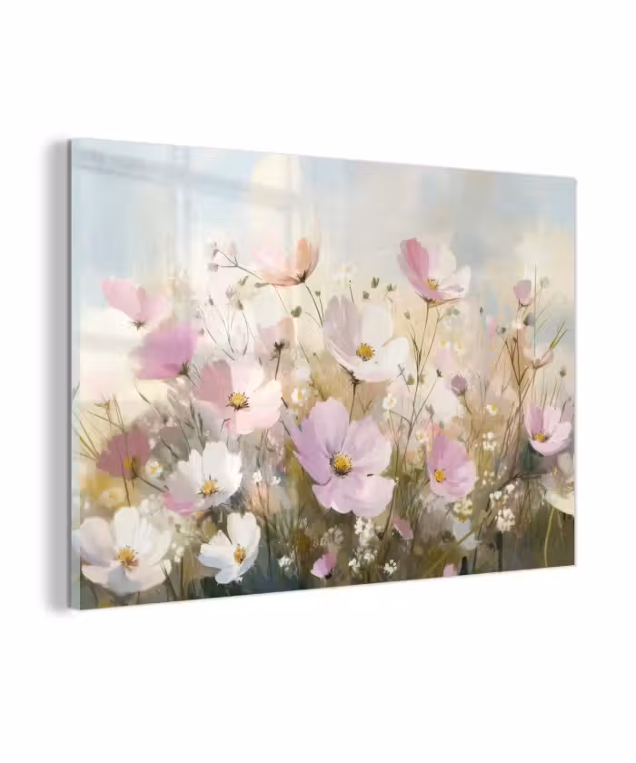 Glasbild - Blumenfeld - Helle Farbtöne - Gemalt