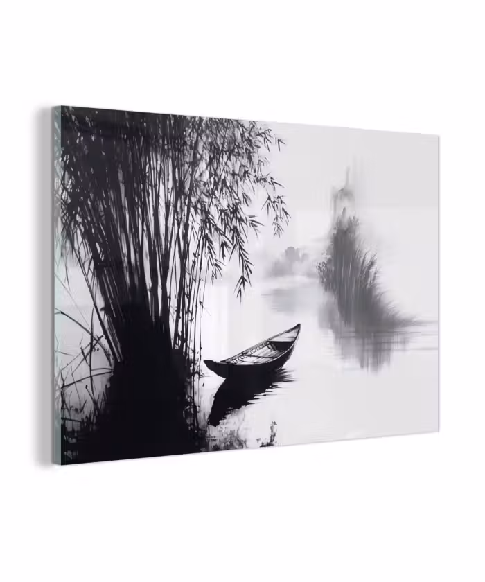 Glasbild - Boot - Fluss - Bambus - Weiß