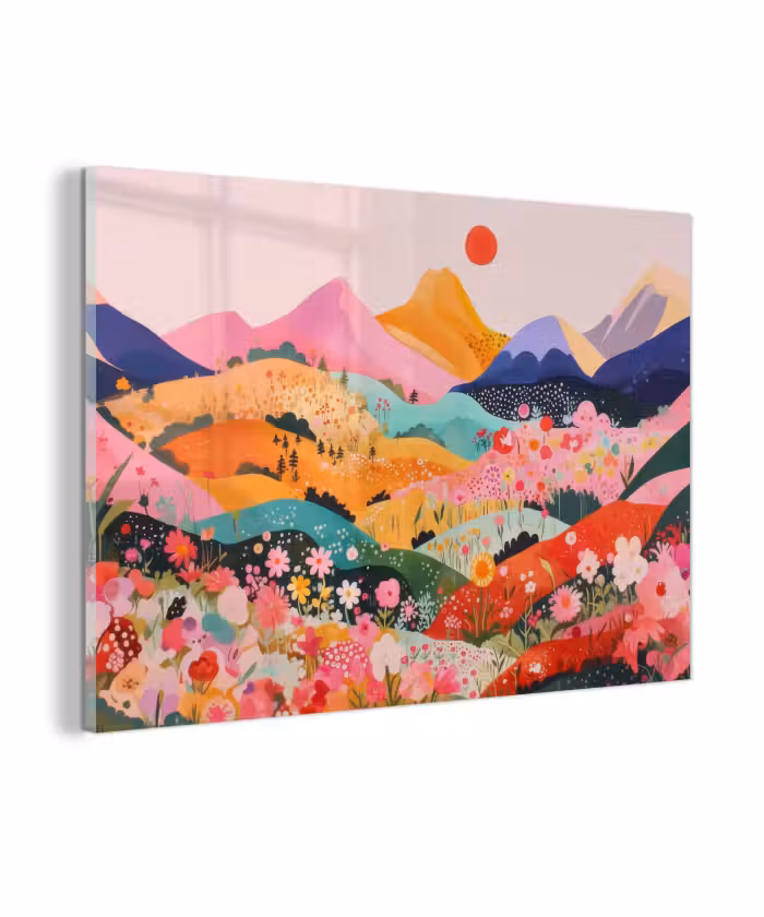 Glasbild - Bunte Blumen - Berge - Fantasielandschaft