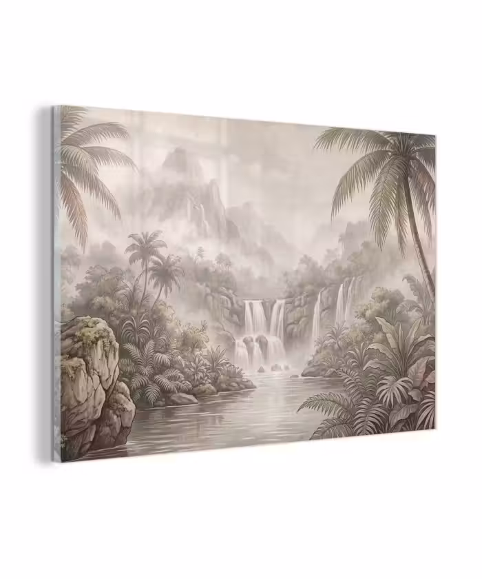 Glasbild - Dschungel - Wasserfälle - Tropisch - Illustration