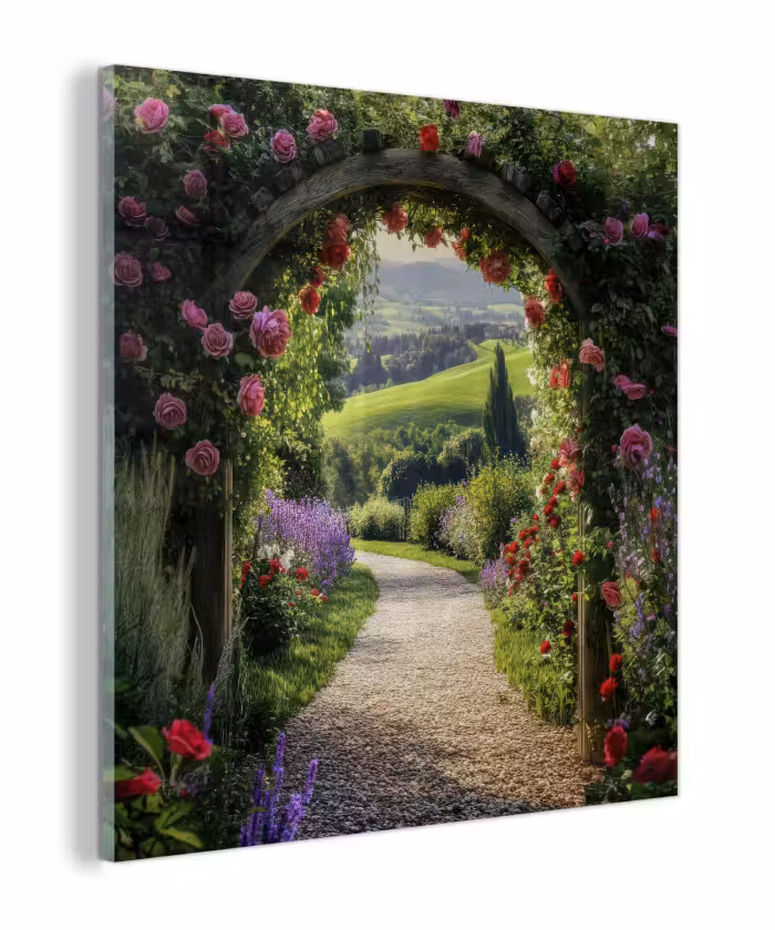 Glasbild - Durchschaubar - Gartenbogen - Blumen - Natur - Weg