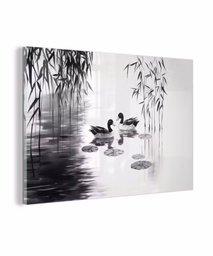 Glasbild - Enten - Seerosen - Schilf - Schwarz
