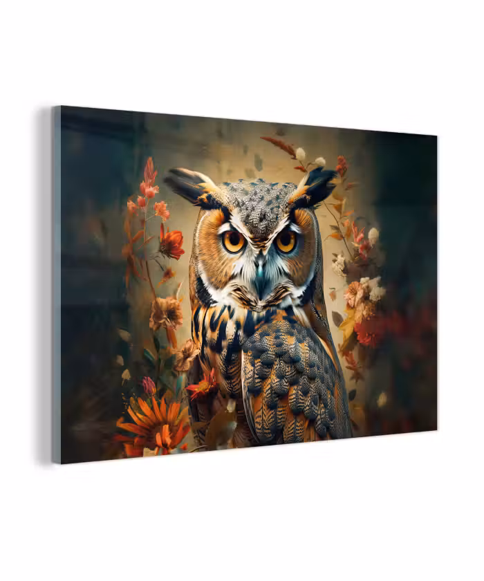 Glasbild - Eule - Vogel - Blumen - Botanisch