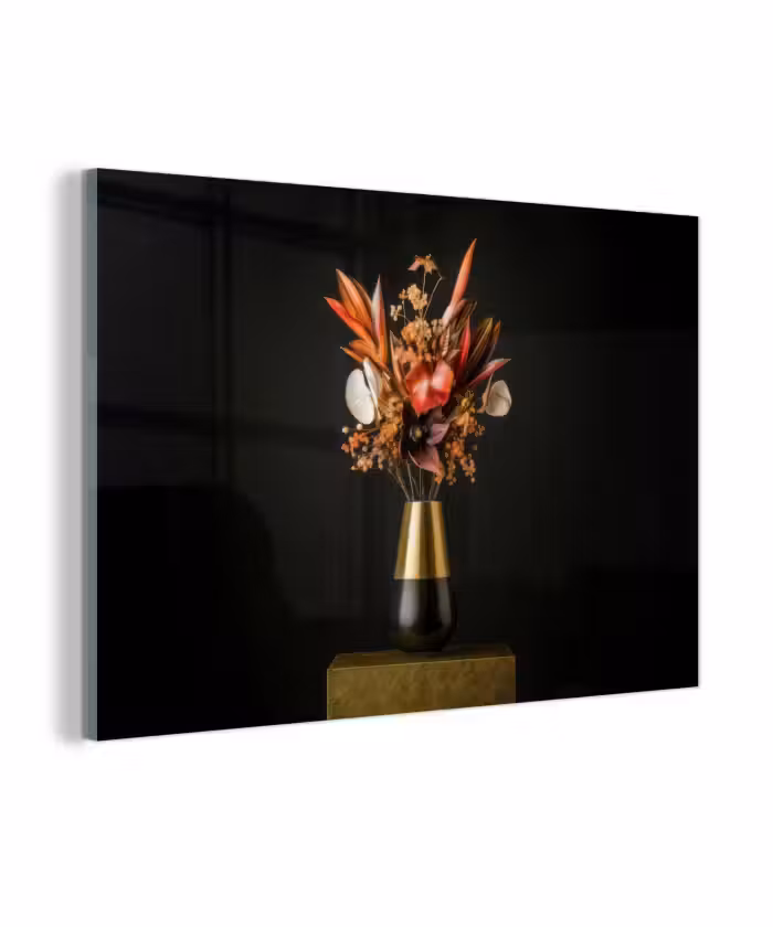 Glasbild - Exotisch - Blumenstrauß - Vase - Gold