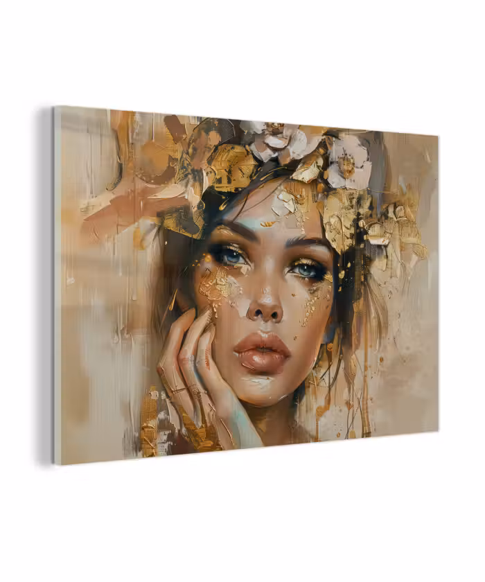 Glasbild - Frau - Blumen - Gold - Porträt
