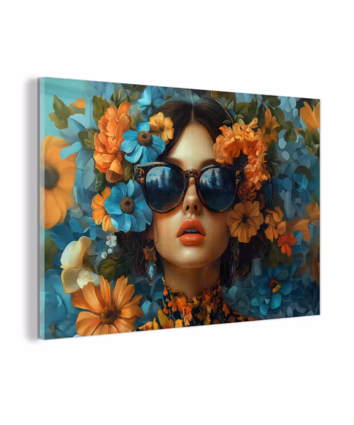 Glasbild - Frau - Blumen - Orange - Blau - Modern