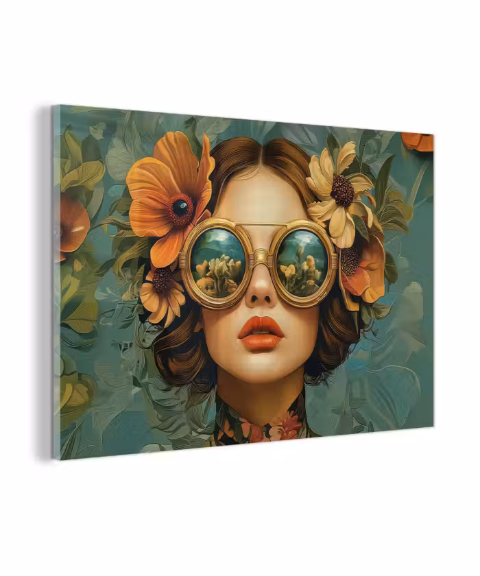 Glasbild - Frau - Blumen - Schmetterlinge - Natur - Vintage