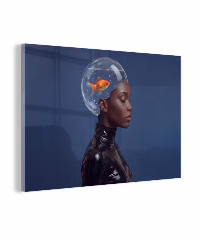 Glasbild - Frau – Goldfisch – Kopf – Abstrakt – Blau