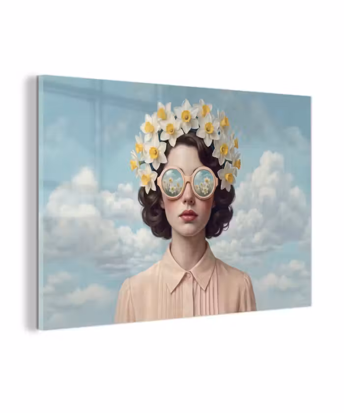 Glasbild - Frau - Narzissen - Gelb