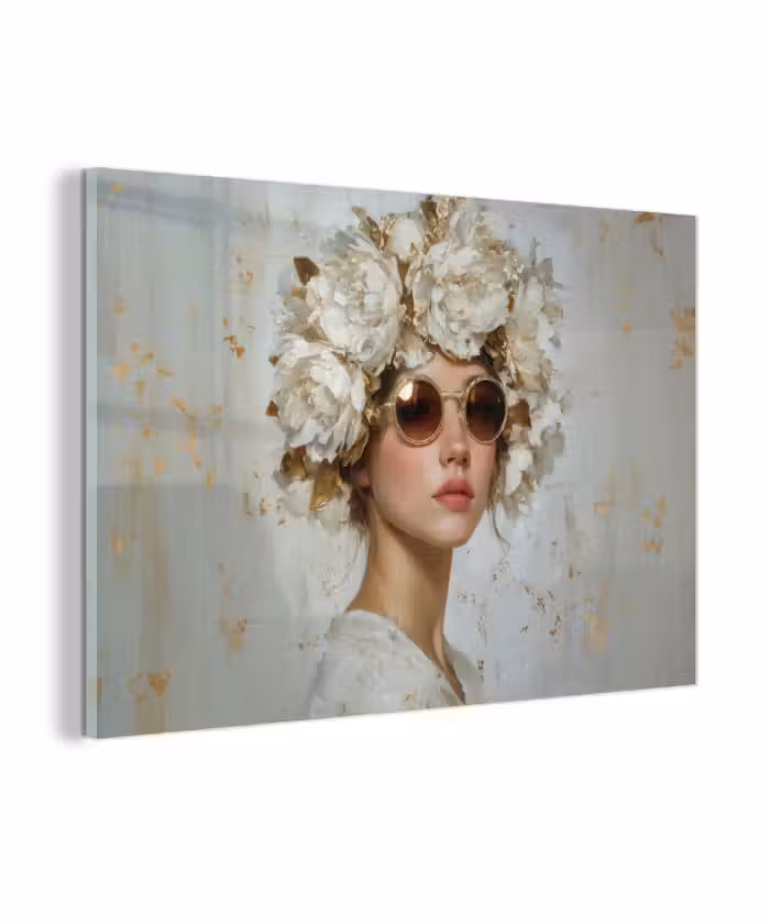 Glasbild - Gemälde - Frau - Sonnenbrille - Blumenkranz