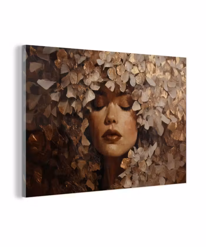 Glasbild - Gesicht - Dame - Blätter - Pinselstriche