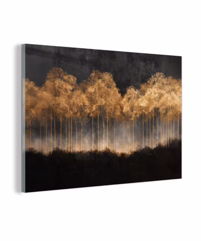 Glasbild - Goldene Bäume in nebliger Landschaft