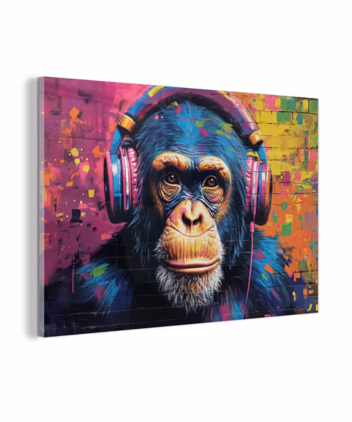 Glasbild - Graffiti - Schimpanse - Straßenkunst - Kopfhörer - Affe