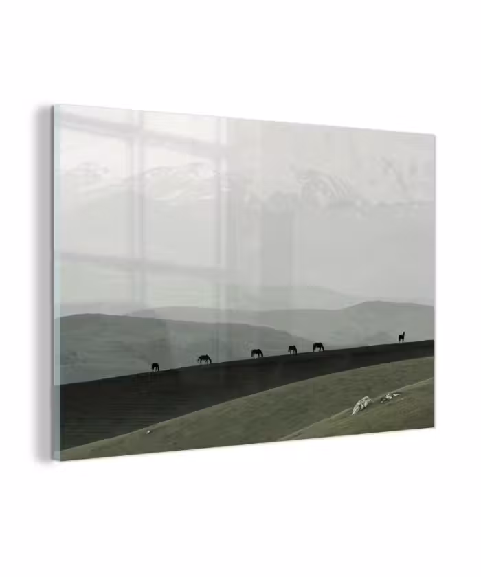 Glasbild - Grau - Berg - Pferde