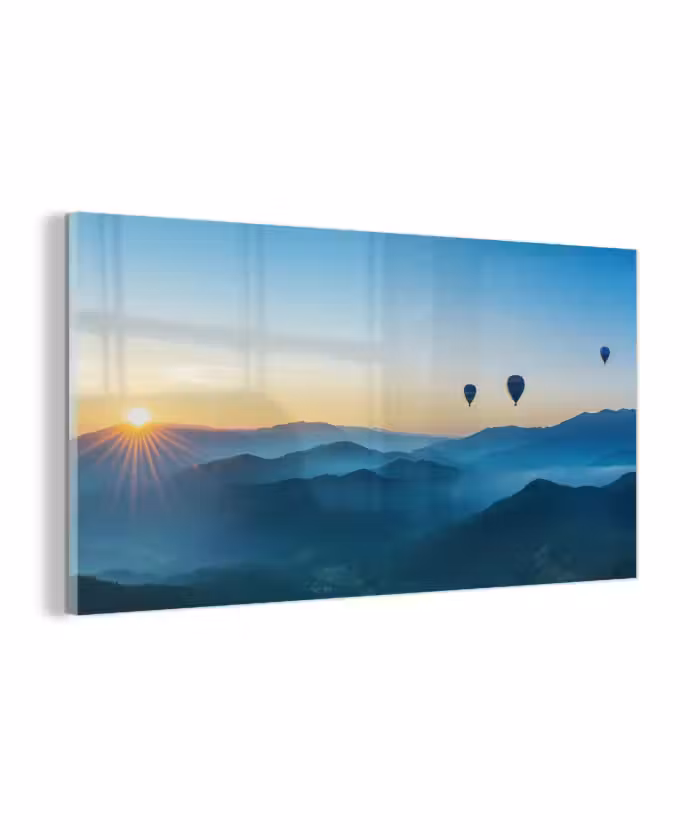 Glasbild - Heißluftballons - Berge - Sonnenaufgang - Landschaft