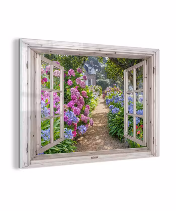 Glasbild - Hortensie - Ansicht - Blumen - Sommer - Lila - Weg