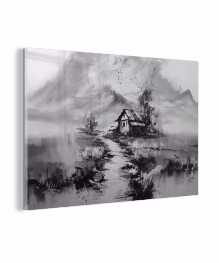 Glasbild - Hütte - Grau - Berge - Neblig