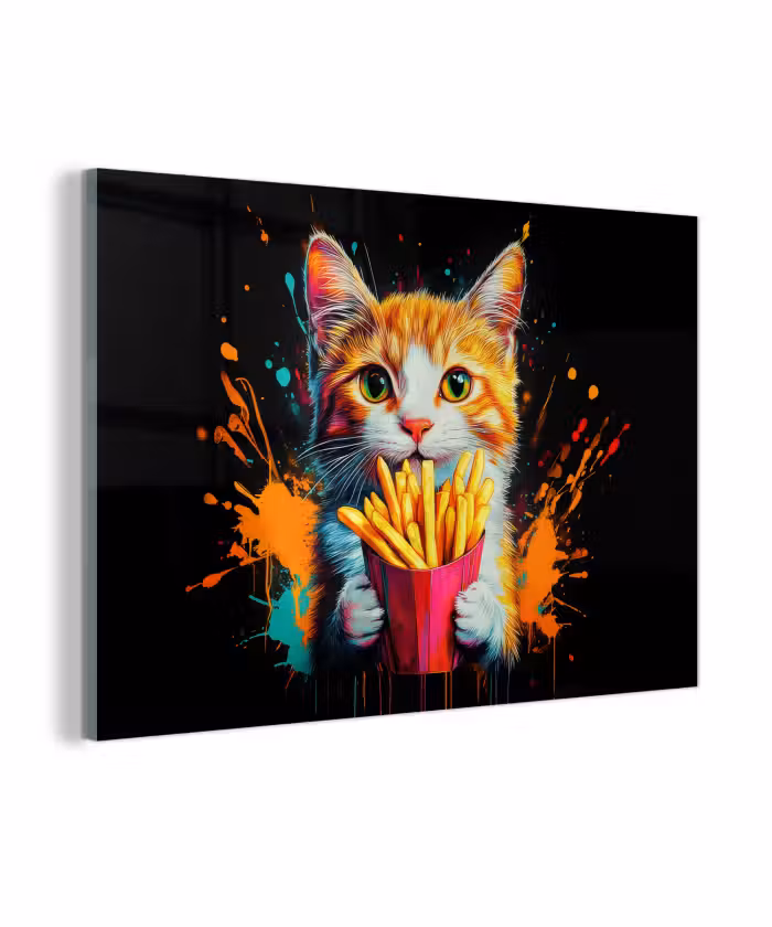 Glasbild - Katze - Essen - Pommes frites - Graffiti - Abstrakt