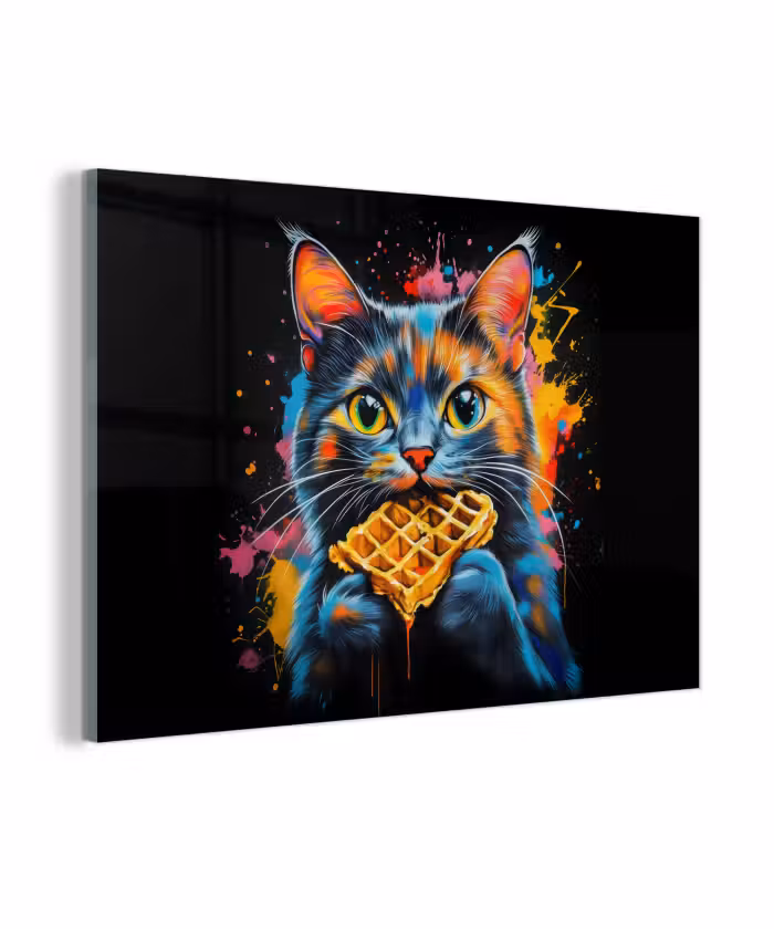 Glasbild - Katze - Graffiti - Bunt - Waffel - Essen
