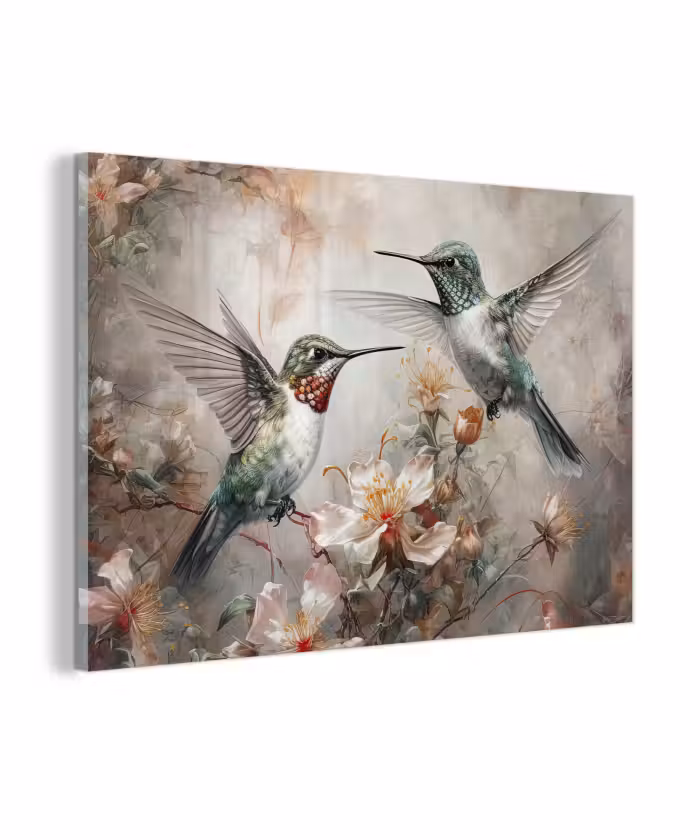 Glasbild - Kolibri - Vögel - Blumen - Pflanzen