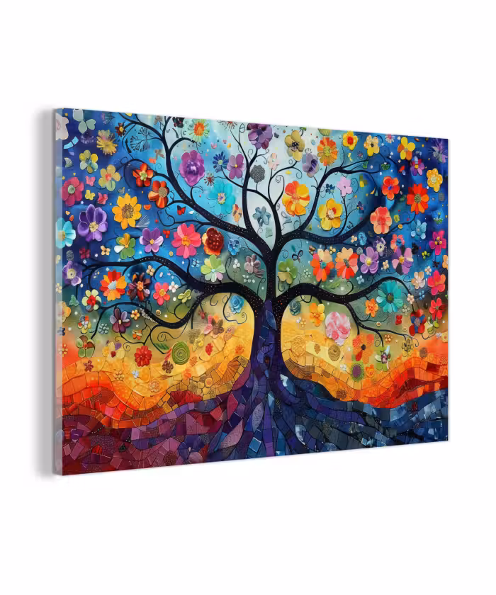 Glasbild - Kunst - Baum des Lebens - Blumen - Hippie