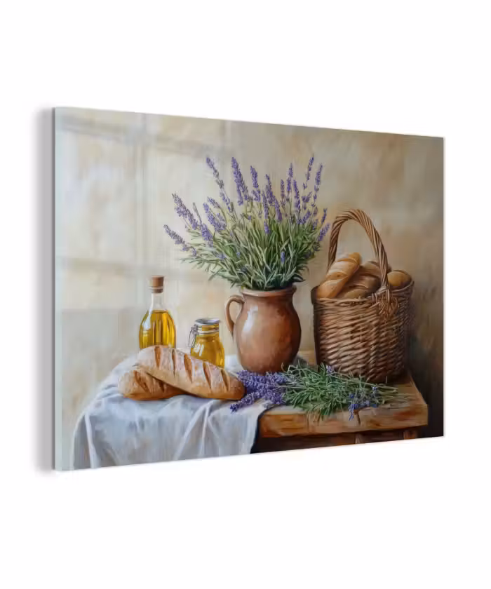Glasbild - Lavendel - Brot - Stilleben