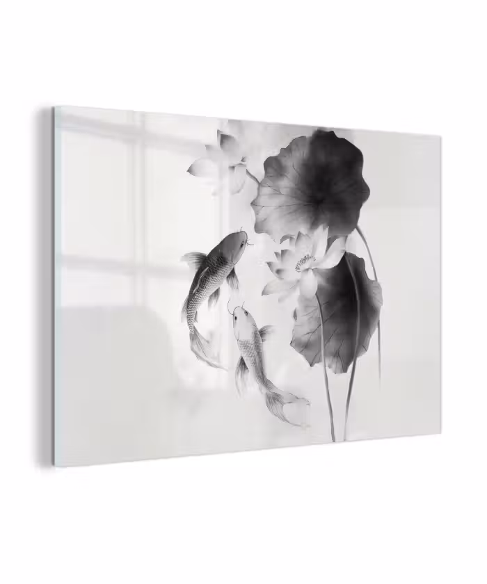 Glasbild - Lotusblumen - Fisch - Blätter - Schwarz