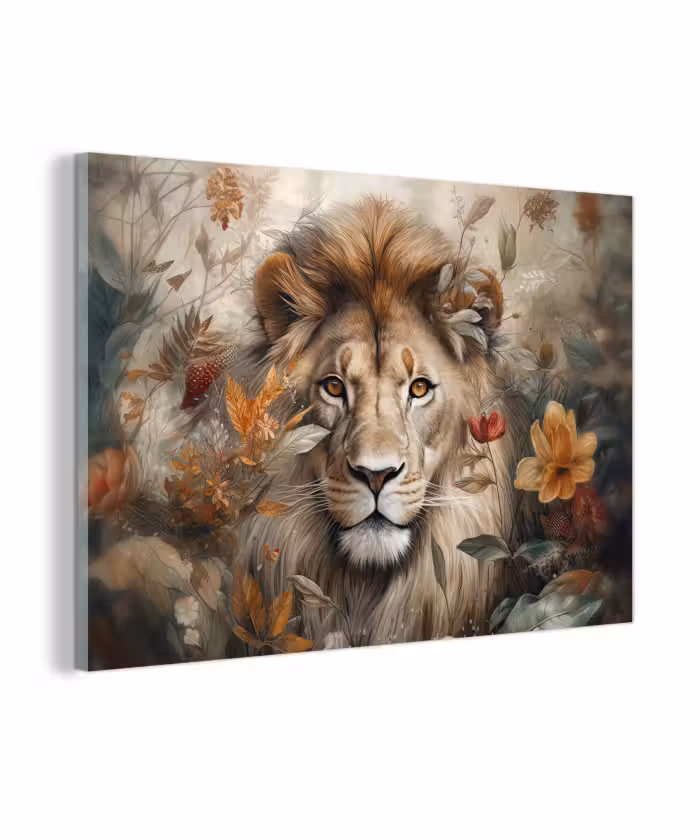 Glasbild - Löwe - Wildtiere - Pflanzen - Natur - Blumen