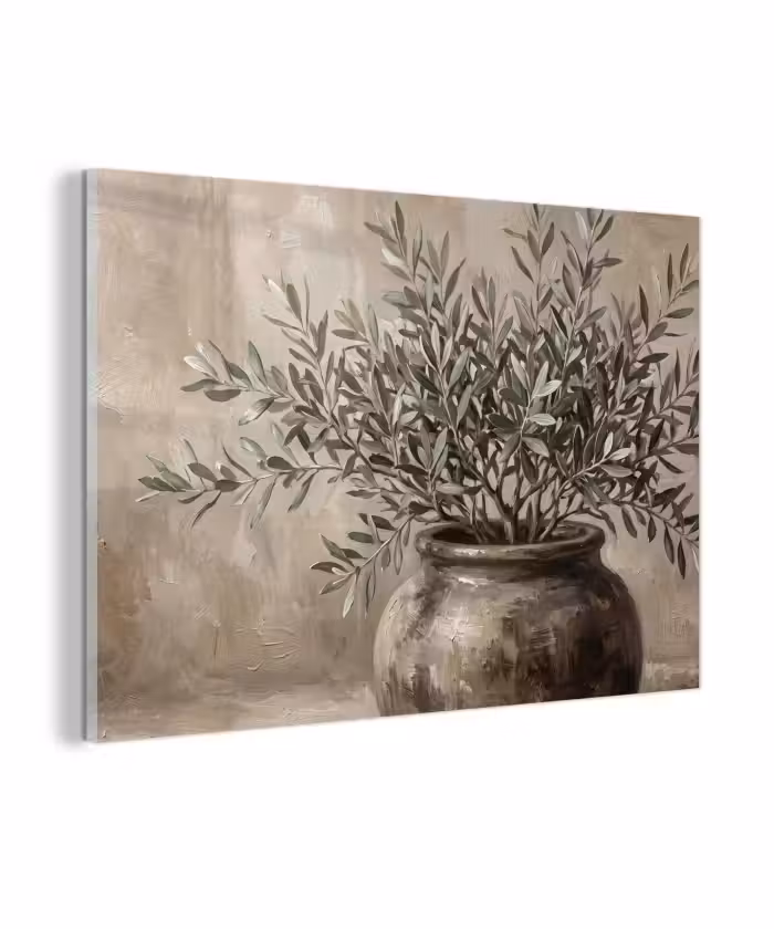 Glasbild - Olivenpflanze - Tontopf - Abstrakt - Beige
