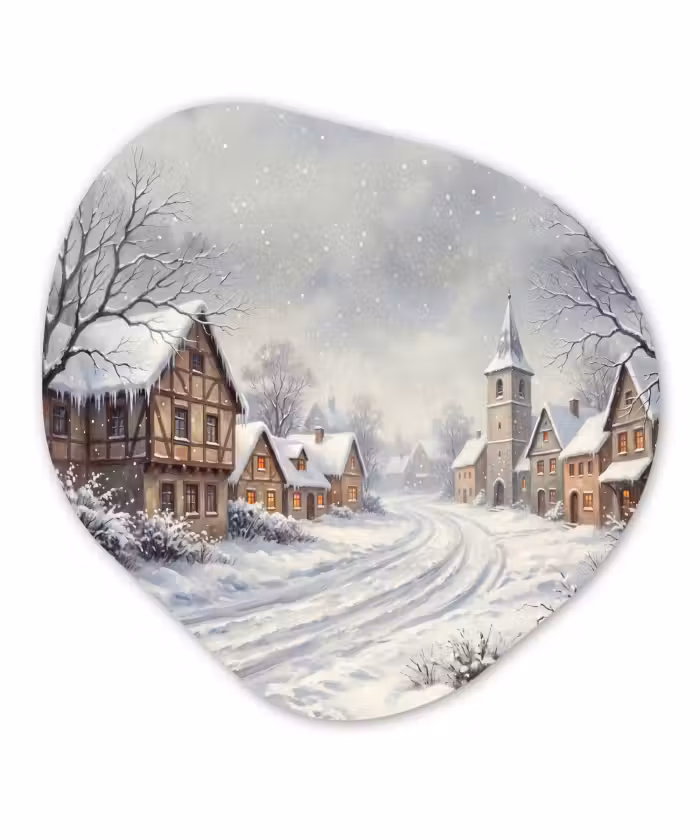 Glasbild Organische Form - Dorf – Schnee – Winter