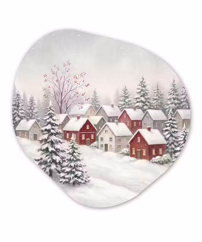 Glasbild Organische Form - Häuser – Schnee – Winter