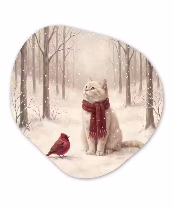 Glasbild Organische Form - Katze – Vogel – Winter