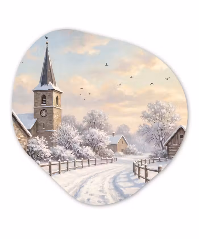 Glasbild Organische Form - Kirche – Winter – Landschaft