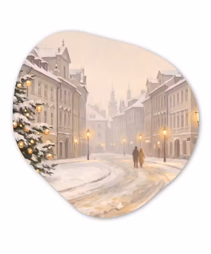 Glasbild Organische Form - Verschneite Straße – Weihnachten