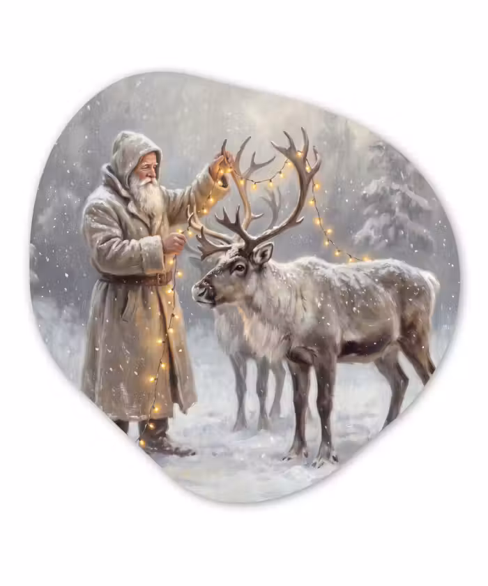 Glasbild Organische Form - Weihnachtsmann – Reh – Winter