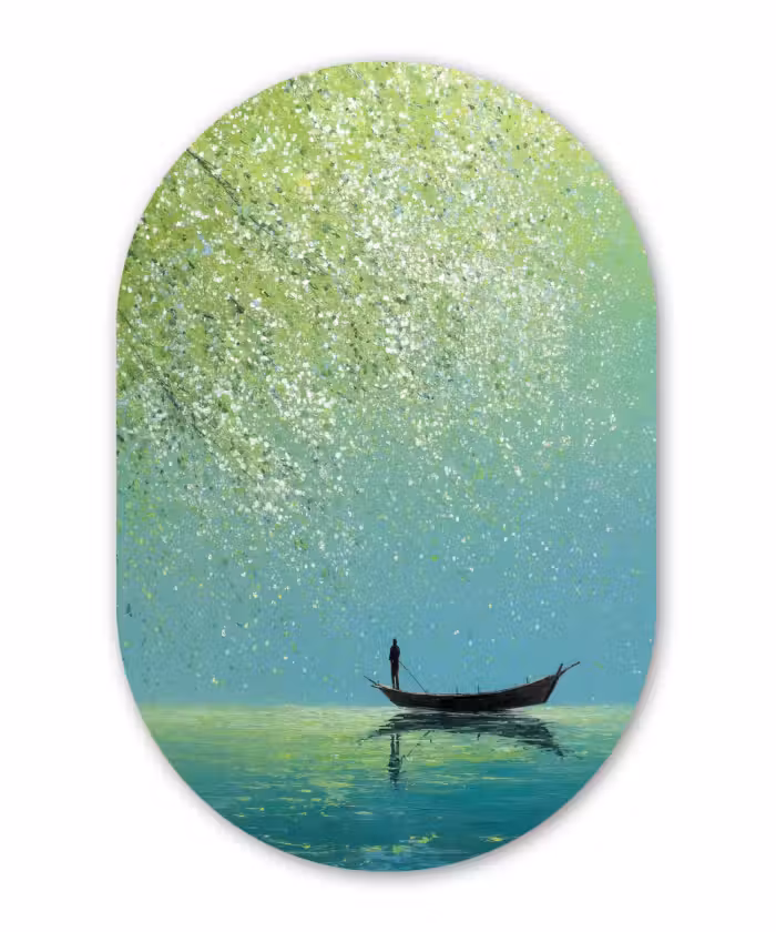 Glasbild Oval - Boot - Wasser - Blätter - Blüten