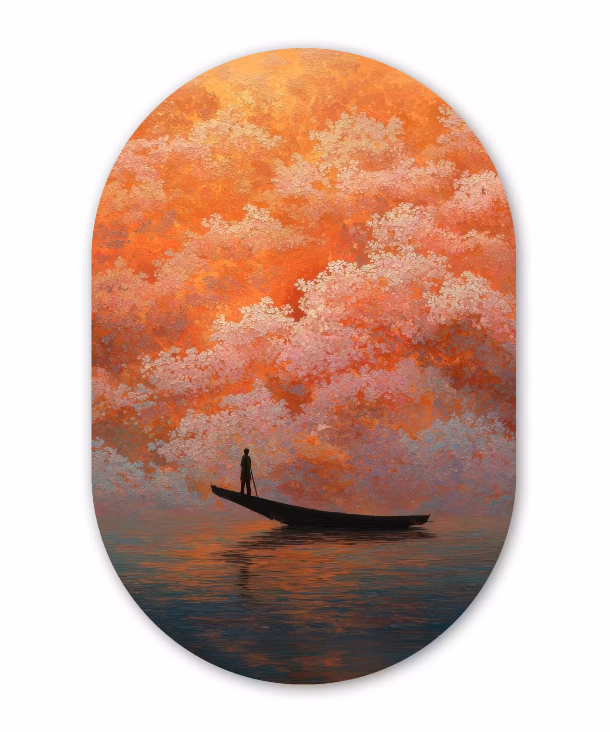 Glasbild Oval - Meer - Boot - Wolken - Orange