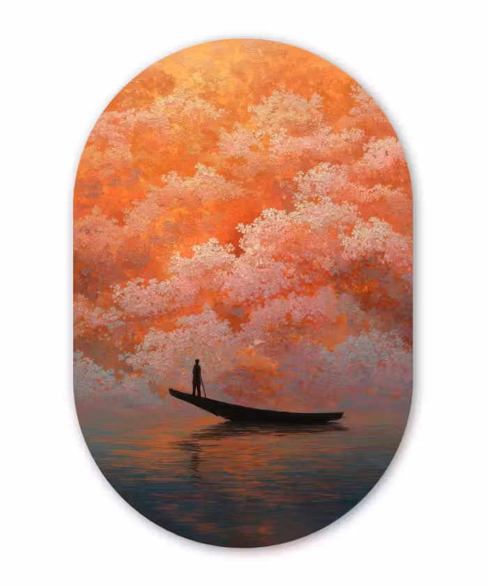 Glasbild Oval - Meer - Boot - Wolken - Orange