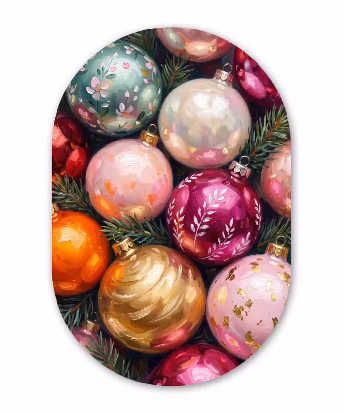 Glasbild Oval - Weihnachtskugeln – Bunt – Festlich