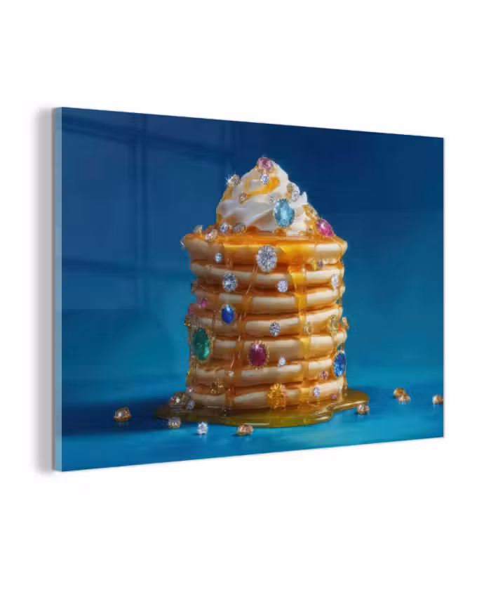 Glasbild - Pfannkuchen - Kieselsteine - Glitzer - Schlagsahne