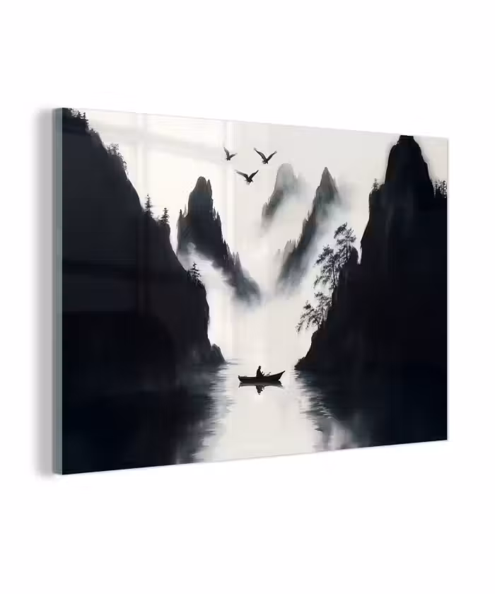 Glasbild - Ruderboot - Neblig - Berge - Vögel