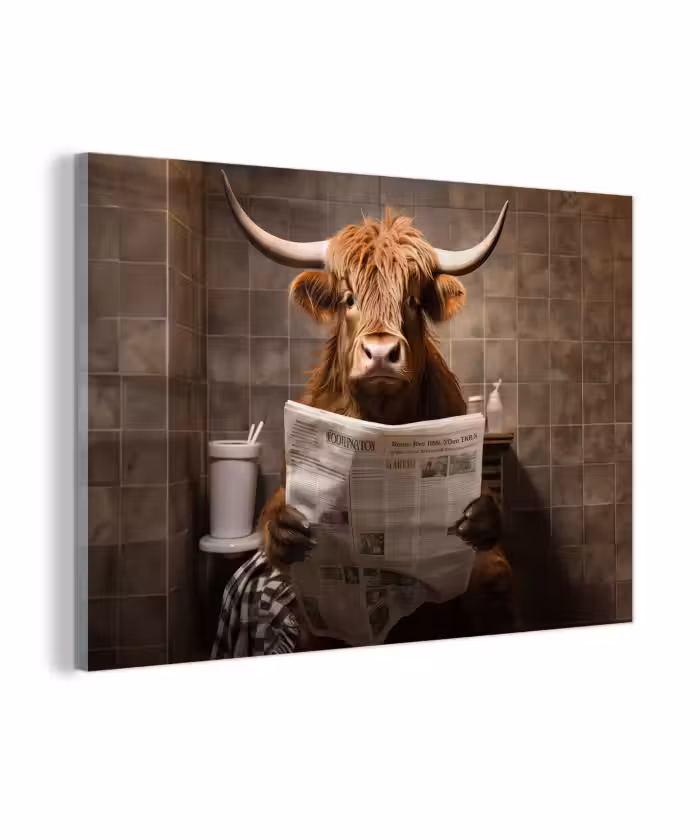 Glasbild - Schottische Highlander - Zeitung - Toilette