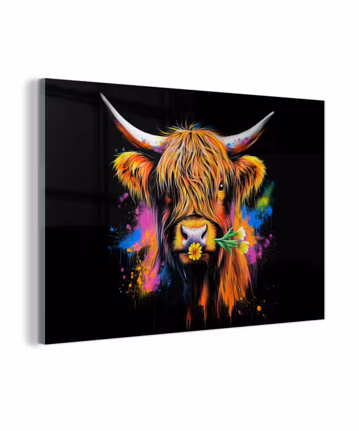 Glasbild - Schottischer Highlander - Graffiti - Bunt - Blume - Tiere