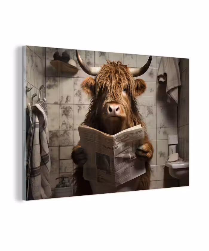 Glasbild - Scotch highlander - Toilette - Zeitung - Badezimmer