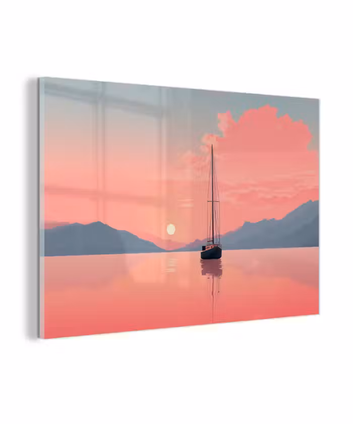 Glasbild - Segelboot - Rosa Meer - Sonnenuntergang - Berge