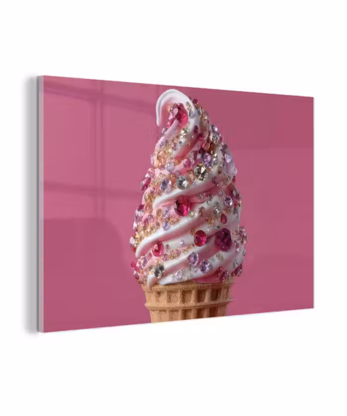 Glasbild - Softeis - Edelsteine - Rosa - Waffel