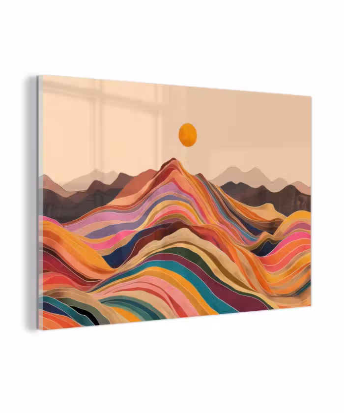 Glasbild - Sonne - Bunte Landschaft - Berge