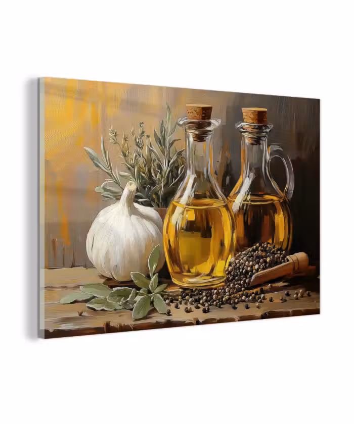 Glasbild - Stilleben - Olivenöl - Knoblauch - Kräuter