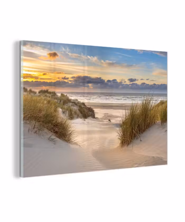 Glasbild - Strand - Düne - Gras - Sonnenuntergang - Meer